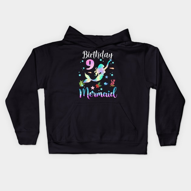 9 Years Old Birthday Mermaid Happy 9th Birthday Kids Hoodie by Vintage White Rose Bouquets